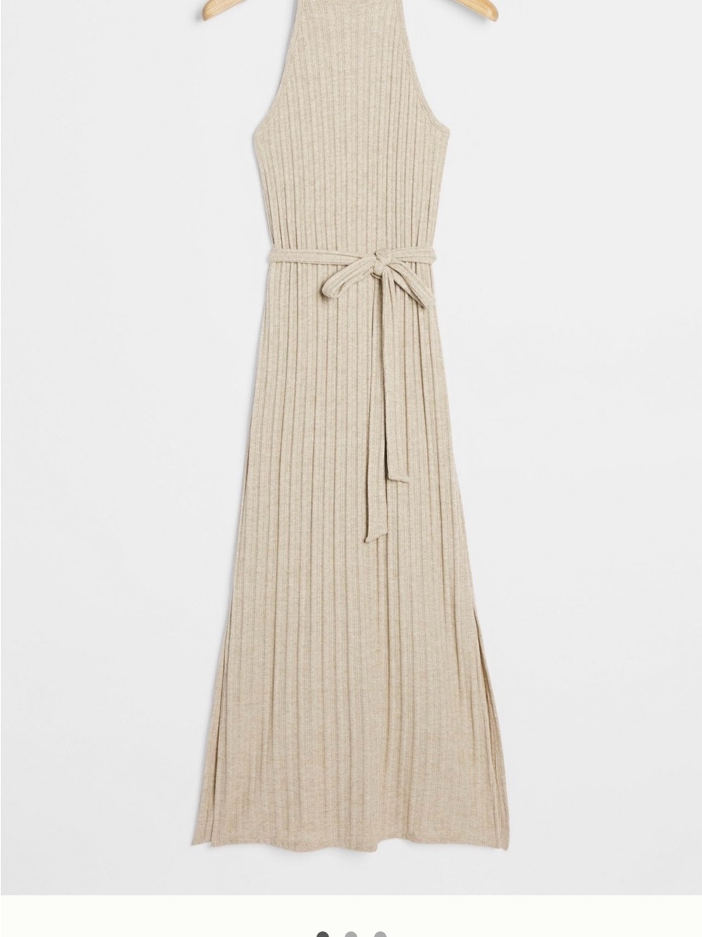 Ribbed Sleeveless Maxi Dress with Self-Tie Waist in Beige